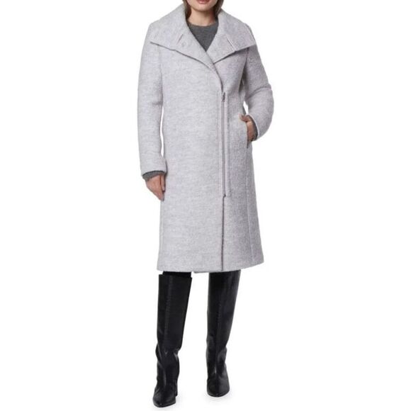 Andrew Marc size XL Gellar Trench Coat Light Gray Wool Moto Zip Edgy Knee Length - Picture 1 of 13